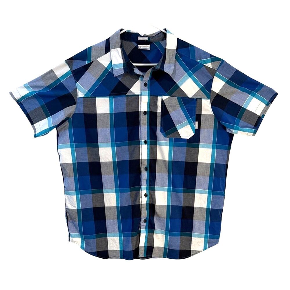 Columbia Blue white black Plaid Short Sleeve Button-Down Shirt cotton size XL